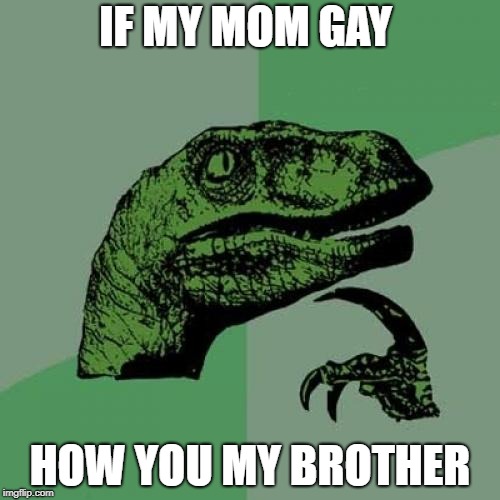 Philosoraptor Meme | IF MY MOM GAY; HOW YOU MY BROTHER | image tagged in memes,philosoraptor | made w/ Imgflip meme maker