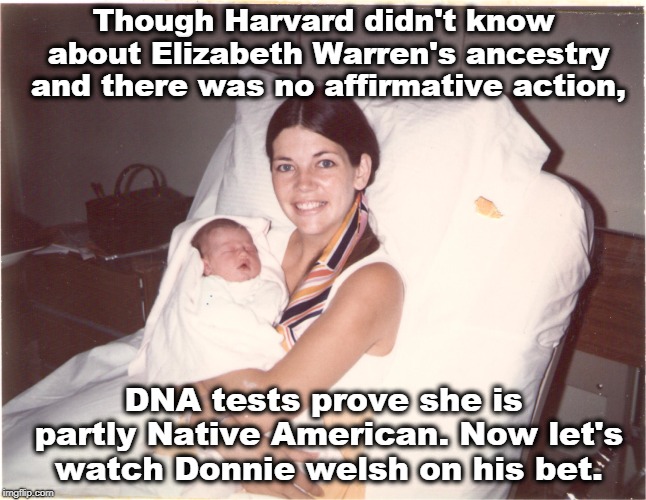 Trump bet a million dollar donation to charity that she wasn't. She is. He lost his bet. He won't pay. Typical. | Though Harvard didn't know about Elizabeth Warren's ancestry and there was no affirmative action, DNA tests prove she is partly Native American. Now let's watch Donnie welsh on his bet. | image tagged in harvard,elizabeth warren,ancestry,native american,trump | made w/ Imgflip meme maker