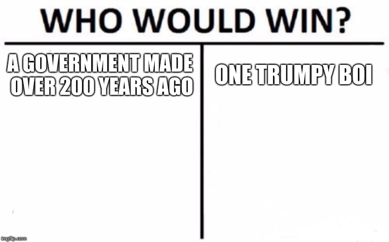Who Would Win? | A GOVERNMENT MADE OVER 200 YEARS AGO; ONE TRUMPY BOI | image tagged in memes,who would win | made w/ Imgflip meme maker