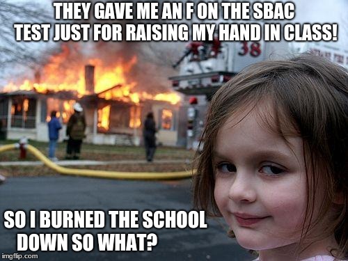 Disaster Girl Meme | THEY GAVE ME AN F ON THE SBAC TEST JUST FOR RAISING MY HAND IN CLASS! SO I BURNED THE SCHOOL DOWN SO WHAT? | image tagged in memes,disaster girl | made w/ Imgflip meme maker
