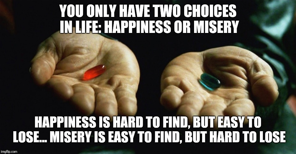 Red pill blue pill | YOU ONLY HAVE TWO CHOICES IN LIFE: HAPPINESS OR MISERY; HAPPINESS IS HARD TO FIND, BUT EASY TO LOSE... MISERY IS EASY TO FIND, BUT HARD TO LOSE | image tagged in red pill blue pill | made w/ Imgflip meme maker