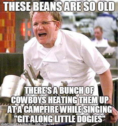 Chef Gordon Ramsay Meme | THESE BEANS ARE SO OLD THERE'S A BUNCH OF COWBOYS HEATING THEM UP AT A CAMPFIRE WHILE SINGING "GIT ALONG LITTLE DOGIES" | image tagged in memes,chef gordon ramsay | made w/ Imgflip meme maker