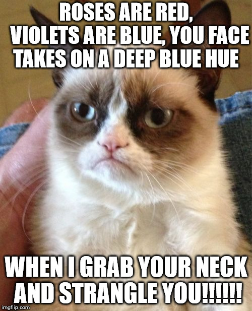 Grumpy Cat | ROSES ARE RED, 
VIOLETS ARE BLUE,
YOU FACE TAKES ON A DEEP BLUE HUE; WHEN I GRAB YOUR NECK AND STRANGLE YOU!!!!!! | image tagged in memes,grumpy cat | made w/ Imgflip meme maker