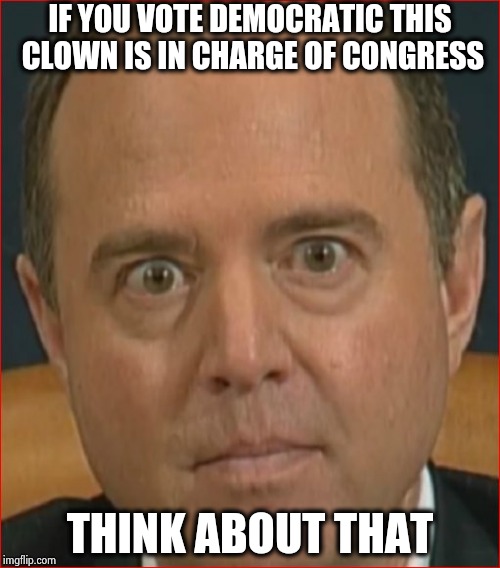 You wanna see something really scary ? | IF YOU VOTE DEMOCRATIC THIS CLOWN IS IN CHARGE OF CONGRESS; THINK ABOUT THAT | image tagged in adam schiff,congress,we're all doomed,circus,clown,politicians suck | made w/ Imgflip meme maker