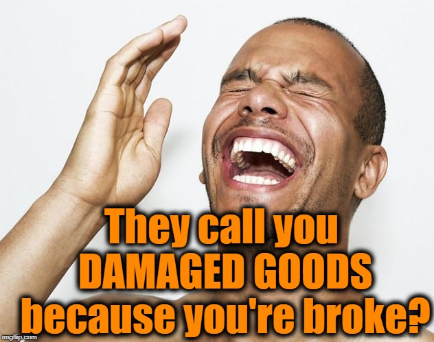 lol | They call you DAMAGED GOODS because you're broke? | image tagged in lol | made w/ Imgflip meme maker