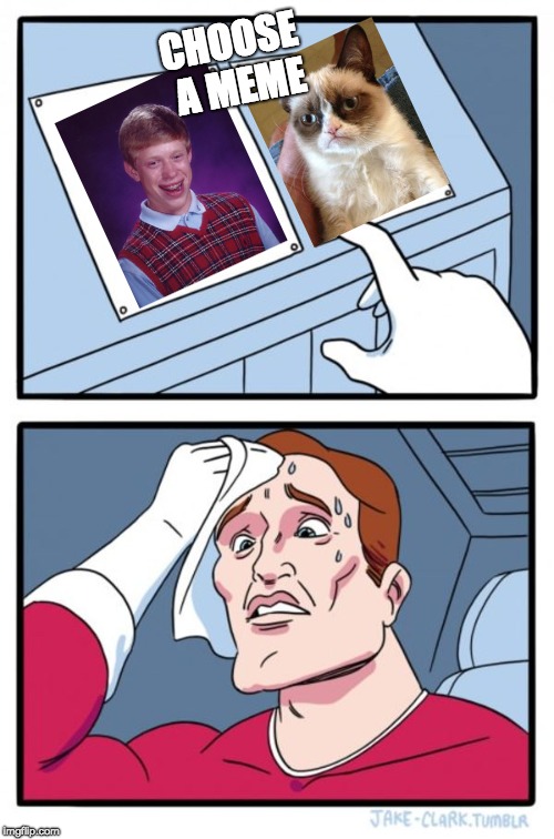 what meme will you choose? | CHOOSE A MEME | image tagged in memes,two buttons,bad luck brian,grumpy cat | made w/ Imgflip meme maker