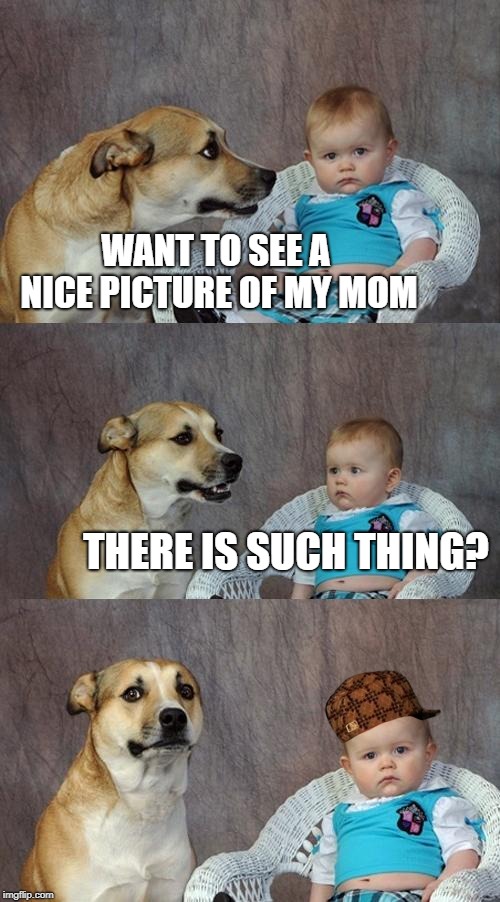 Dad Joke Dog | WANT TO SEE A NICE PICTURE OF MY MOM; THERE IS SUCH THING? | image tagged in memes,dad joke dog,scumbag | made w/ Imgflip meme maker