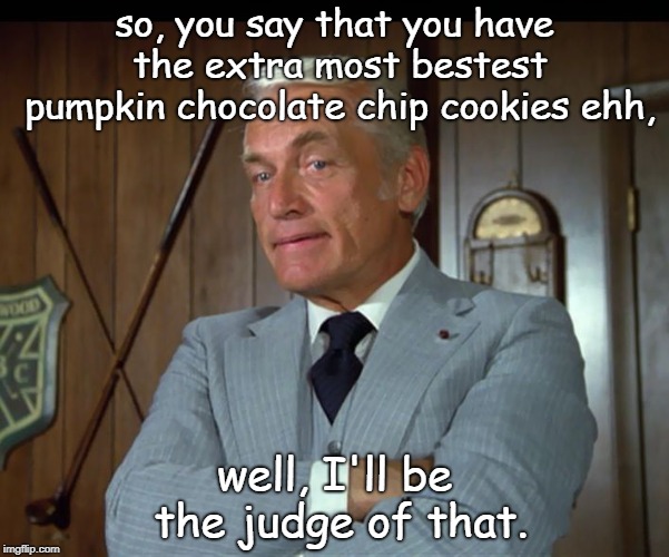 a well made pumpkin chocolate chip cookie can make an already good person quite happy. make some. | so, you say that you have the extra most bestest pumpkin chocolate chip cookies ehh, well, I'll be the judge of that. | image tagged in ted knight yes,we are waiting,pumpkin cookie | made w/ Imgflip meme maker
