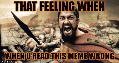 Sparta Leonidas | THAT FEELING WHEN; WHEN U READ THIS MEME WRONG | image tagged in memes,sparta leonidas | made w/ Imgflip meme maker