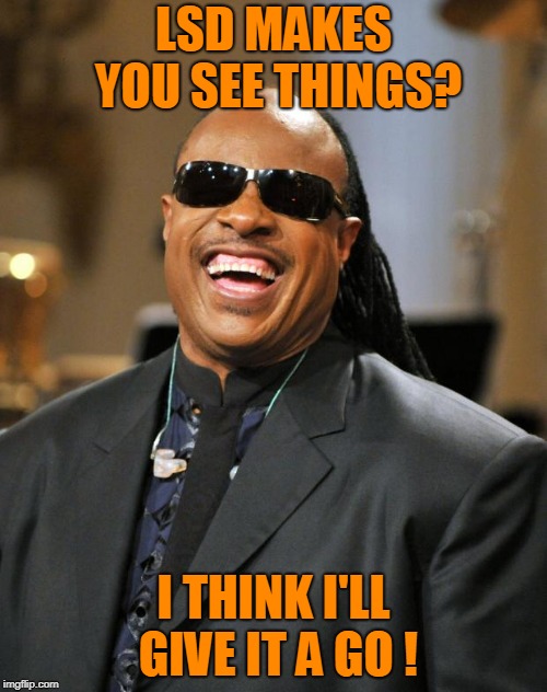 Stevie Wonder | LSD MAKES YOU SEE THINGS? I THINK I'LL GIVE IT A GO ! | image tagged in stevie wonder | made w/ Imgflip meme maker