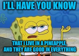 I’ll have you know spongebob | I’LL HAVE YOU KNOW THAT I LIVE IN A PINEAPPLE, AND THEY ARE GOOD IN EVERYTHING | image tagged in ill have you know spongebob | made w/ Imgflip meme maker