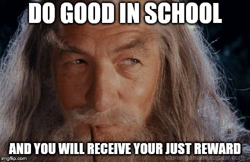 Wise Gandalf | DO GOOD IN SCHOOL; AND YOU WILL RECEIVE YOUR JUST REWARD | image tagged in wise gandalf | made w/ Imgflip meme maker