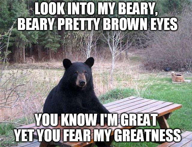 Honey! The bear stole our picnic table again! | LOOK INTO MY BEARY, BEARY PRETTY BROWN EYES; YOU KNOW I'M GREAT YET YOU FEAR MY GREATNESS | image tagged in waiting bear | made w/ Imgflip meme maker