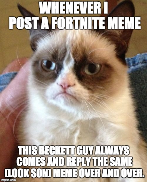 this is for beckett guy | WHENEVER I POST A FORTNITE MEME; THIS BECKETT GUY ALWAYS COMES AND REPLY THE SAME (LOOK SON) MEME OVER AND OVER. | image tagged in memes,grumpy cat,fortnite,reply | made w/ Imgflip meme maker