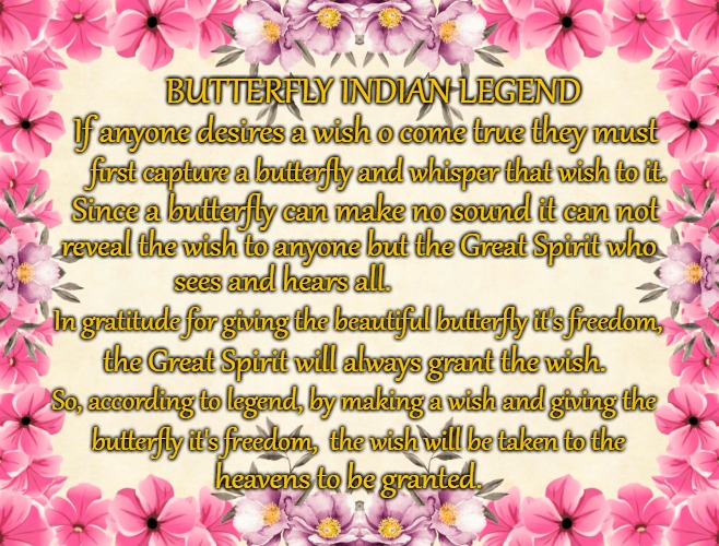 Butterfly Indian Legend | BUTTERFLY INDIAN LEGEND; If anyone desires a wish o come true they must; first capture a butterfly and whisper that wish to it. Since a butterfly can make no sound it can not; reveal the wish to anyone but the Great Spirit who; sees and hears all. In gratitude for giving the beautiful butterfly it's freedom, the Great Spirit will always grant the wish. So, according to legend, by making a wish and giving the; butterfly it's freedom,  the wish will be taken to the; heavens to be granted. | image tagged in native american,native americans,indians,indian chief,indian chiefs,tribe | made w/ Imgflip meme maker