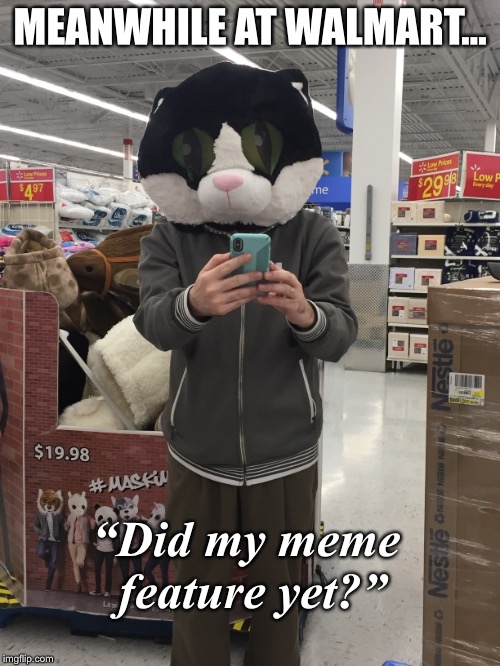 MEANWHILE AT WALMART... “Did my meme feature yet?” | image tagged in memes,raycat | made w/ Imgflip meme maker