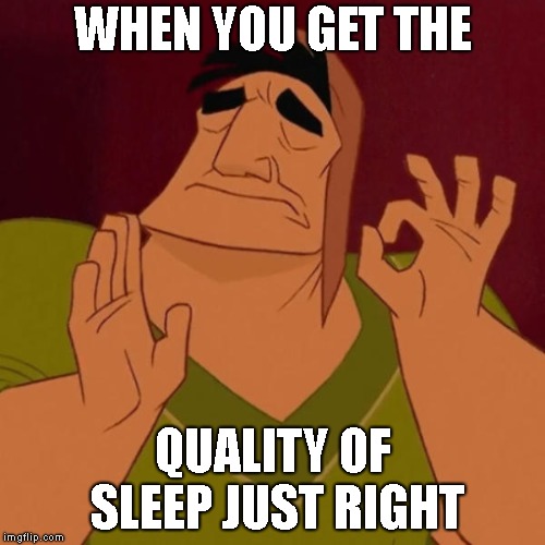 Pacha perfect | WHEN YOU GET THE; QUALITY OF SLEEP JUST RIGHT | image tagged in pacha perfect | made w/ Imgflip meme maker