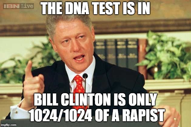 Bill Clinton - Sexual Relations | THE DNA TEST IS IN; BILL CLINTON IS ONLY 1024/1024 OF A RAPIST | image tagged in bill clinton - sexual relations | made w/ Imgflip meme maker