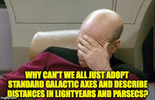Captain Picard Facepalm Meme | WHY CAN'T WE ALL JUST ADOPT STANDARD GALACTIC AXES AND DESCRIBE DISTANCES IN LIGHTYEARS AND PARSECS? | image tagged in memes,captain picard facepalm | made w/ Imgflip meme maker