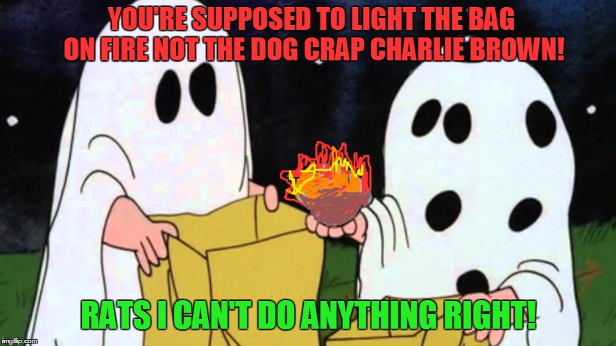 Charlie Brown can't prank! | YOU'RE SUPPOSED TO LIGHT THE BAG ON FIRE NOT THE DOG CRAP CHARLIE BROWN! RATS I CAN'T DO ANYTHING RIGHT! | image tagged in charlie brown rock,hallowen,pranks | made w/ Imgflip meme maker