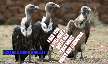 vulture politicians | I BET YOU STILL DON'T QUITE GET THAT MOST FOLKS ARE STARVING; DISTRACTIONS AND ALL | image tagged in vulture politicians | made w/ Imgflip meme maker