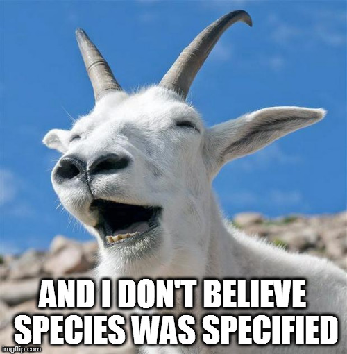 Laughing Goat Meme | AND I DON'T BELIEVE SPECIES WAS SPECIFIED | image tagged in memes,laughing goat | made w/ Imgflip meme maker