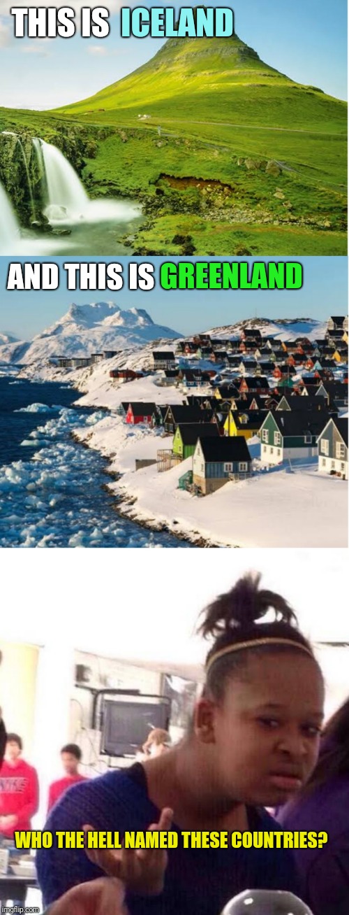 Who the hell named these countries? | ICELAND; THIS IS; GREENLAND; AND THIS IS; WHO THE HELL NAMED THESE COUNTRIES? | image tagged in black girl wat | made w/ Imgflip meme maker