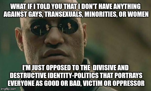 Matrix Morpheus | WHAT IF I TOLD YOU THAT I DON'T HAVE ANYTHING AGAINST GAYS, TRANSEXUALS, MINORITIES, OR WOMEN; I'M JUST OPPOSED TO THE  DIVISIVE AND DESTRUCTIVE IDENTITY-POLITICS THAT PORTRAYS EVERYONE AS GOOD OR BAD, VICTIM OR OPPRESSOR | image tagged in memes,matrix morpheus | made w/ Imgflip meme maker