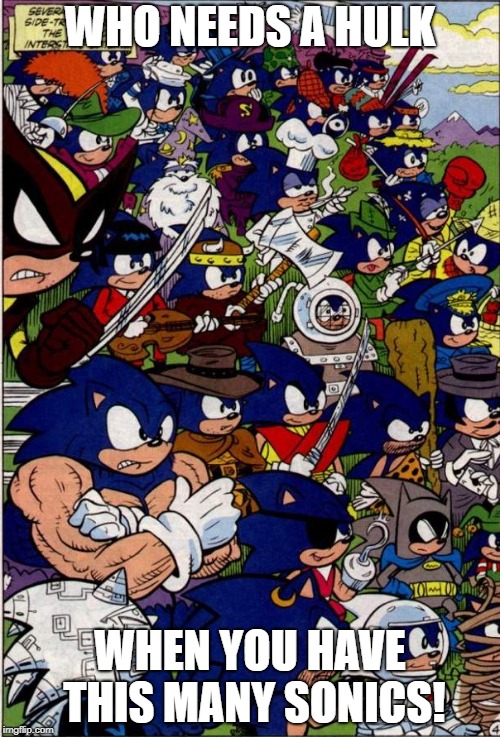 Sonic the Hedgehogs | WHO NEEDS A HULK; WHEN YOU HAVE THIS MANY SONICS! | image tagged in sonic the hedgehog | made w/ Imgflip meme maker