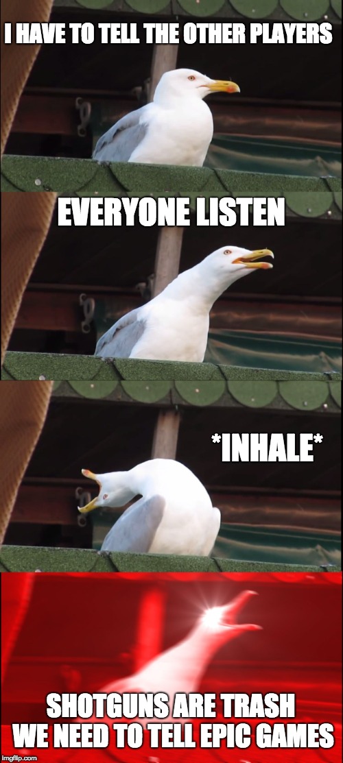 Inhaling Seagull | I HAVE TO TELL THE OTHER PLAYERS; EVERYONE LISTEN; *INHALE*; SHOTGUNS ARE TRASH WE NEED TO TELL EPIC GAMES | image tagged in memes,inhaling seagull | made w/ Imgflip meme maker