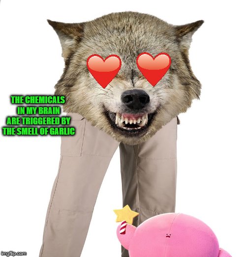 Wolfpants the Great | THE CHEMICALS IN MY BRAIN ARE TRIGGERED BY THE SMELL OF GARLIC | image tagged in wolfpants the great | made w/ Imgflip meme maker