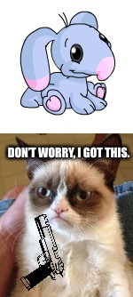 Should’ve chose a different gun pic | DON’T WORRY, I GOT THIS. | image tagged in memes,grumpy cat,neopets,blumaroo,babies | made w/ Imgflip meme maker