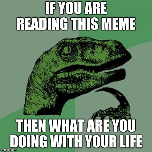 Philosoraptor | IF YOU ARE READING THIS MEME; THEN WHAT ARE YOU DOING WITH YOUR LIFE | image tagged in memes,philosoraptor | made w/ Imgflip meme maker