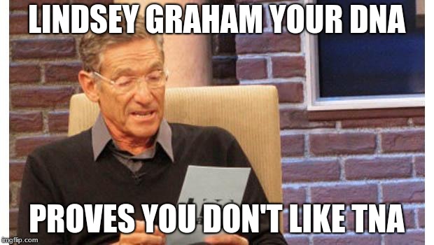 maury povich | LINDSEY GRAHAM YOUR DNA; PROVES YOU DON'T LIKE TNA | image tagged in maury povich | made w/ Imgflip meme maker