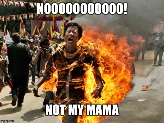 on fire | NOOOOOOOOOOO! NOT MY MAMA | image tagged in on fire | made w/ Imgflip meme maker