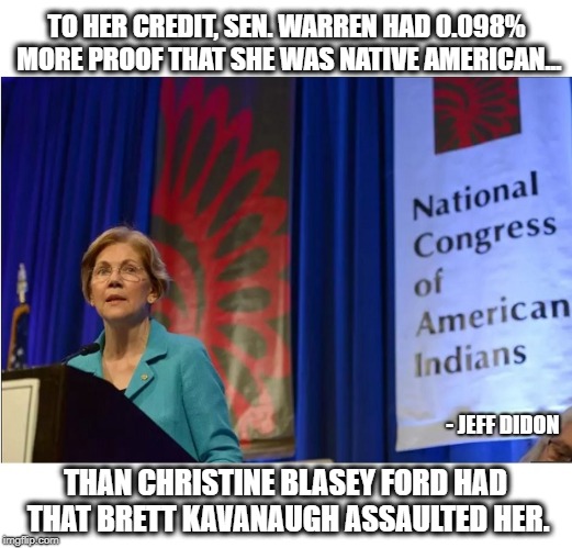 0.098% of Truth | TO HER CREDIT, SEN. WARREN HAD 0.098% MORE PROOF THAT SHE WAS NATIVE AMERICAN... THAN CHRISTINE BLASEY FORD HAD THAT BRETT KAVANAUGH ASSAULTED HER. - JEFF DIDON | image tagged in elizabeth warren,pocahontas,christine blasey ford,dna,native american,memes | made w/ Imgflip meme maker
