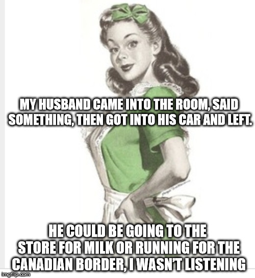 The soul of a healthy marriage | MY HUSBAND CAME INTO THE ROOM, SAID SOMETHING, THEN GOT INTO HIS CAR AND LEFT. HE COULD BE GOING TO THE STORE FOR MILK OR RUNNING FOR THE CANADIAN BORDER, I WASN’T LISTENING | image tagged in husband,marriage | made w/ Imgflip meme maker