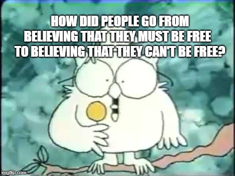 how many licks | HOW DID PEOPLE GO FROM BELIEVING THAT THEY MUST BE FREE    TO BELIEVING THAT THEY CAN'T BE FREE? | image tagged in how many licks | made w/ Imgflip meme maker