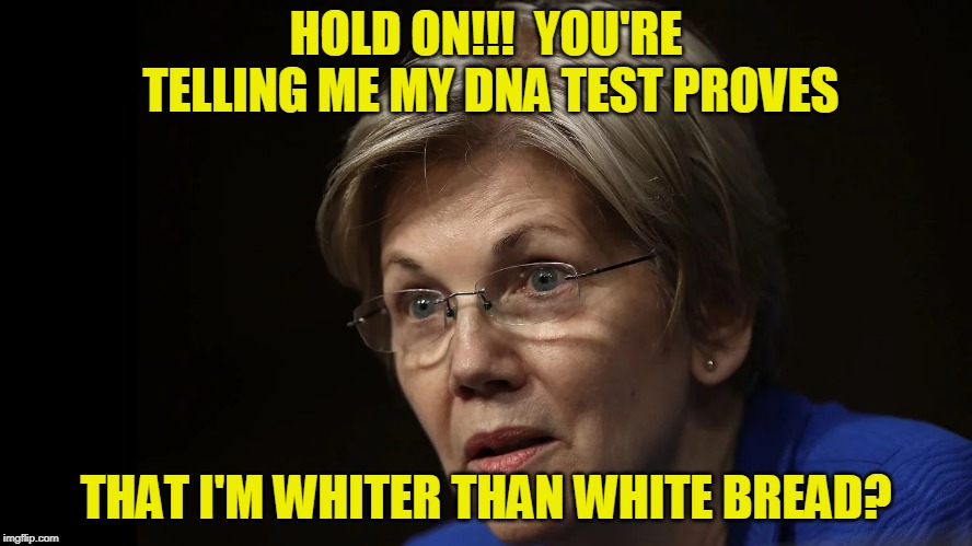 Didn't See That One Coming | HOLD ON!!!  YOU'RE TELLING ME MY DNA TEST PROVES; THAT I'M WHITER THAN WHITE BREAD? | image tagged in elizabeth warren,heritage | made w/ Imgflip meme maker
