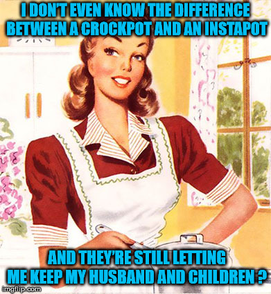 Modern Kitchen | I DON’T EVEN KNOW THE DIFFERENCE BETWEEN A CROCKPOT AND AN INSTAPOT; AND THEY’RE STILL LETTING ME KEEP MY HUSBAND AND CHILDREN ? | image tagged in 50s housewife | made w/ Imgflip meme maker