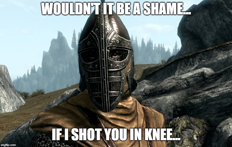 Skyrim Guard | WOULDN'T IT BE A SHAME... IF I SHOT YOU IN KNEE... | image tagged in skyrim guard | made w/ Imgflip meme maker