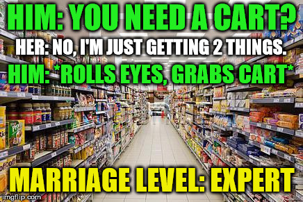 Doing It Right | HIM: YOU NEED A CART? HER: NO, I'M JUST GETTING 2 THINGS. HIM: *ROLLS EYES, GRABS CART*; MARRIAGE LEVEL: EXPERT | image tagged in grocery aisle | made w/ Imgflip meme maker