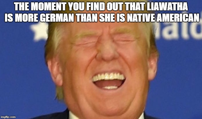 Trump laughing | THE MOMENT YOU FIND OUT THAT LIAWATHA IS MORE GERMAN THAN SHE IS NATIVE AMERICAN | image tagged in trump laughing | made w/ Imgflip meme maker