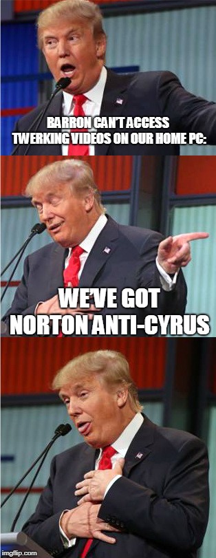 Bad Pun Trump | BARRON CAN’T ACCESS TWERKING VIDEOS ON OUR HOME PC:; WE’VE GOT NORTON ANTI-CYRUS | image tagged in bad pun trump | made w/ Imgflip meme maker