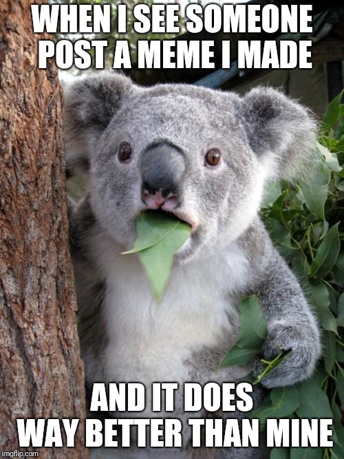 Surprised Koala Meme | WHEN I SEE SOMEONE POST A MEME I MADE; AND IT DOES WAY BETTER THAN MINE | image tagged in memes,surprised koala | made w/ Imgflip meme maker