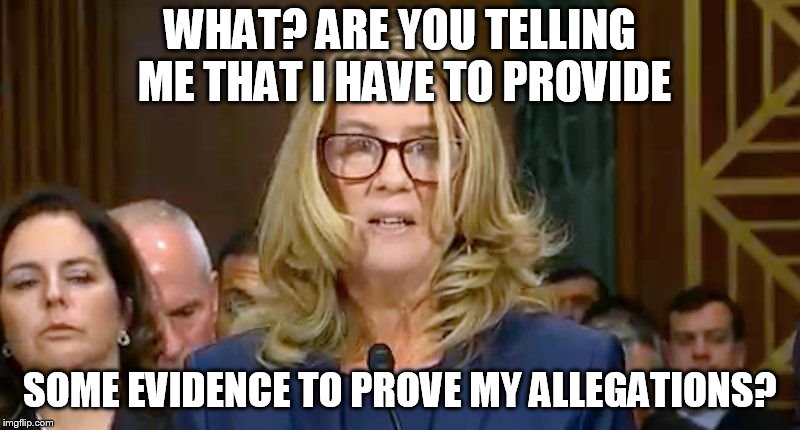 Christine Blasey Ford | WHAT? ARE YOU TELLING ME THAT I HAVE TO PROVIDE; SOME EVIDENCE TO PROVE MY ALLEGATIONS? | image tagged in christine blasey ford | made w/ Imgflip meme maker