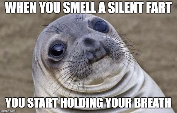 Awkward Moment Sealion Meme | WHEN YOU SMELL A SILENT FART; YOU START HOLDING YOUR BREATH | image tagged in memes,awkward moment sealion | made w/ Imgflip meme maker