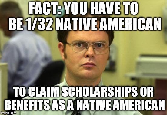 Dwight Schrute Meme | FACT: YOU HAVE TO BE 1/32 NATIVE AMERICAN TO CLAIM SCHOLARSHIPS OR BENEFITS AS A NATIVE AMERICAN | image tagged in memes,dwight schrute | made w/ Imgflip meme maker