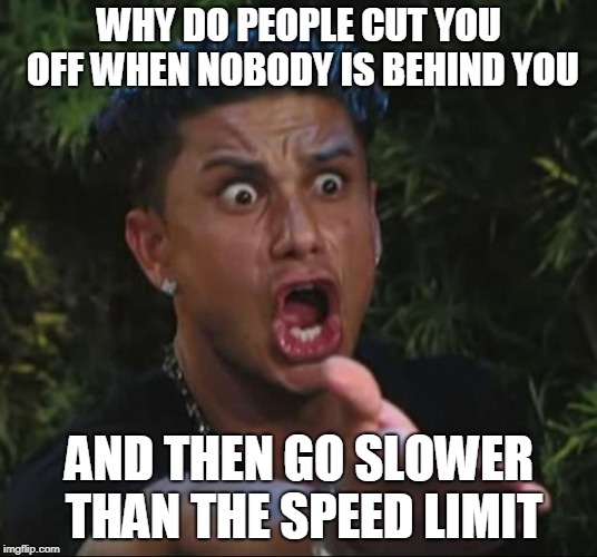 DJ Pauly D Meme | WHY DO PEOPLE CUT YOU OFF WHEN NOBODY IS BEHIND YOU AND THEN GO SLOWER THAN THE SPEED LIMIT | image tagged in memes,dj pauly d | made w/ Imgflip meme maker