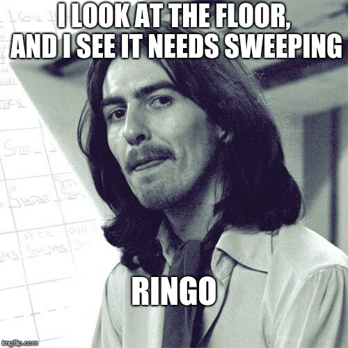 Ringo | RINGO; I LOOK AT THE FLOOR, AND I SEE IT NEEDS SWEEPING | image tagged in where's ringo,george harrison,the beatles,guitar | made w/ Imgflip meme maker